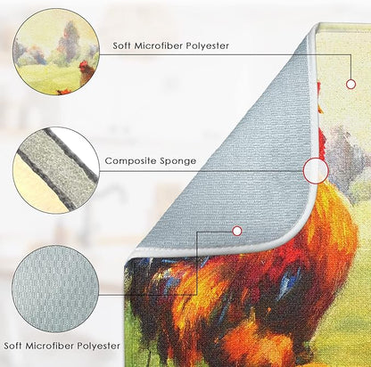 Sanwarm Absorbent Dish Drying Mat, Multicolor Oil Realistic Rooster Chickens Microfiber Pad for Kitchen Counter, Coffee Bar Decor, Heat Resistant and Reversible, 16" x 18"
