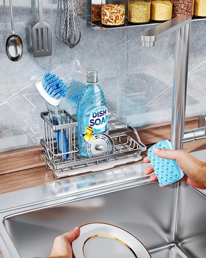 Consumest Sink Caddy, Kitchen Sponge Holder with Dish Brush Holder, Kitchen Organizer with Drip Tray for Countertop, Stainless Steel Rustproof - Silver - Image 6