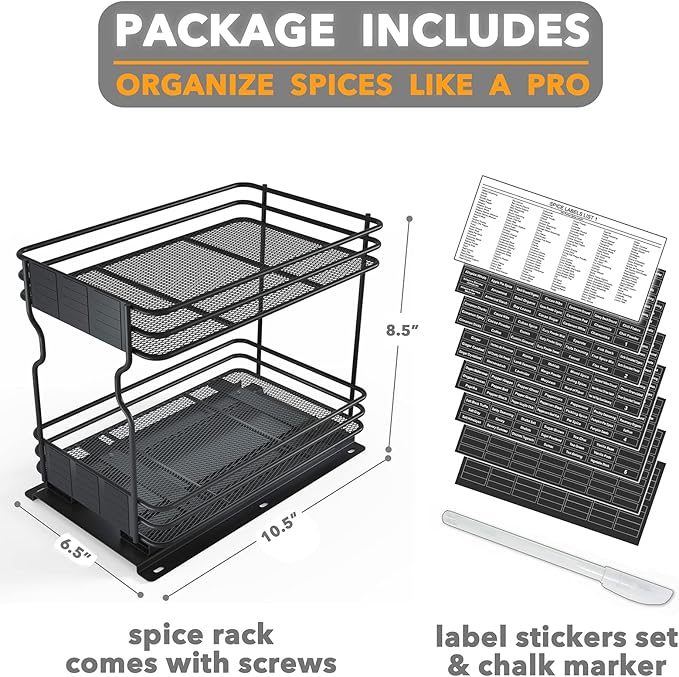 SpaceAid Pull Out Spice Rack Organizer for Cabinet, Heavy Duty Slide Out Seasoning Kitchen Organizer, Cabinet Organizer, with Labels and Chalk Marker, 6.5" W x10.75 D x8.5 H, 1 Drawer 2-Tier - Image 6