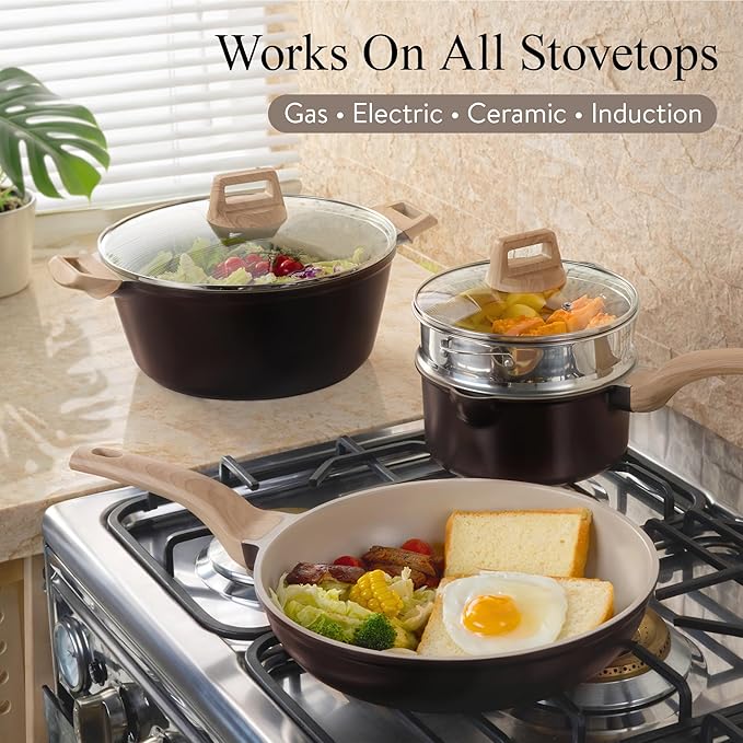 CAROTE 21 PCS Ceramic Cookware Set, Pots and Pans Set Non Stick, Pot and Pan Set with Frying Pan, Induction Ready Cooking Set for Kitchen, PFOS/PFOA/PFAS Free, Brown - Image 7