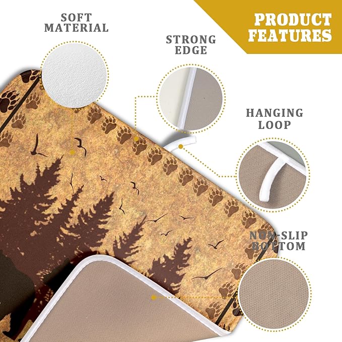 Giwawa 16"x18" Brown Bear Dish Drying Mat Rustic Forest Wildlife Woodland Dish Drainer Mats for Kitchen Countertop Farmhouse Animal Paw Print Fast Dry Microfiber Dish Drying Pad Decoration