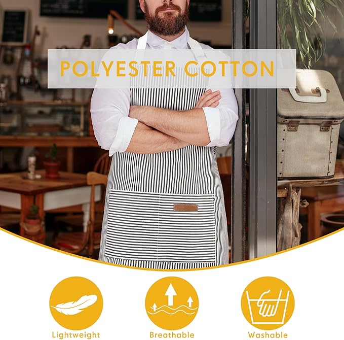 Handepo 4 Pcs Kitchen Aprons with Pockets Adjustable Waterproof Cotton Aprons Striped Apron for Women Men Chef Mother Gift - Image 4