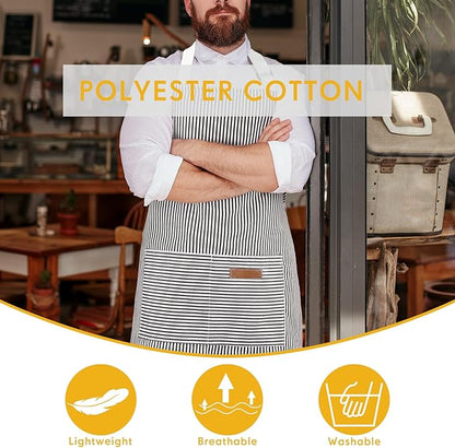 Handepo 4 Pcs Kitchen Aprons with Pockets Adjustable Waterproof Cotton Aprons Striped Apron for Women Men Chef Mother Gift - Image 4