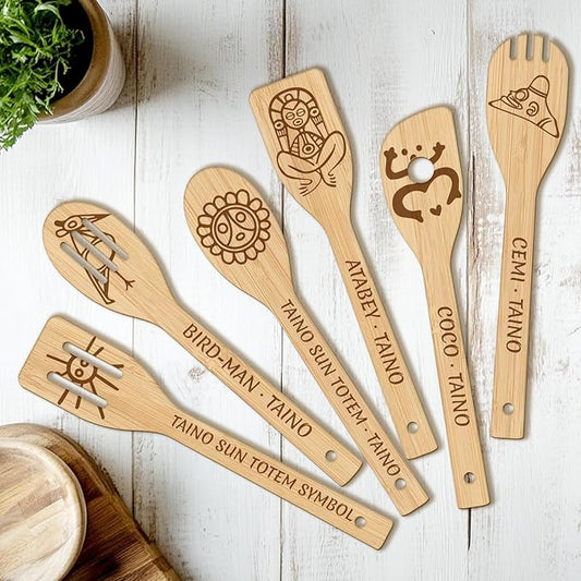 CUTHOLLOW 6PCS Taino Element Wooden Kitchen Cooking Utensil Set, 11.9in Non Toxic Bamboo Wood Spoon Set for Cooking, Best Housewarming Birthday Thanksgiving Christmas Gift for Women Mother