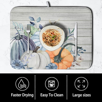 Fall Blue Orange Grey Pumpkin Kitchen Dish Drying Mat for Kitchen Counter 16x18 Inch Autumn Teal Flowers Drying Mat Thanksgiving Harvest Dish Drainer Mat Super Absorbent Dish Rack Pad for Coffee Bar - Image 4