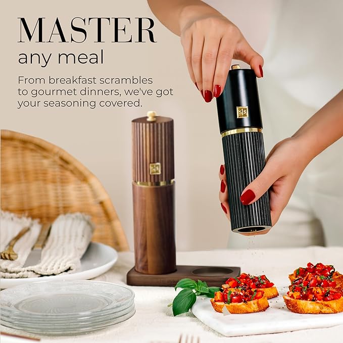 Wooden Salt and Pepper Grinder Set – Refillable Manual Salt and Pepper Mills with Adjustable Ceramic Burrs, Gold Detailing, and Wood Stand – Black and Dark Wood - Image 9