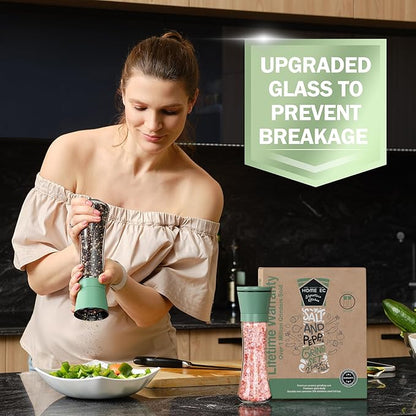 Home EC Premium Green Sea Salt and Pepper Grinder Set of 2 - Adjustable Ceramic - Tall Glass Salt and Pepper Shakers - Kitchen Pepper Mill & Salt Mill W/Funnel & EBook - Image 4