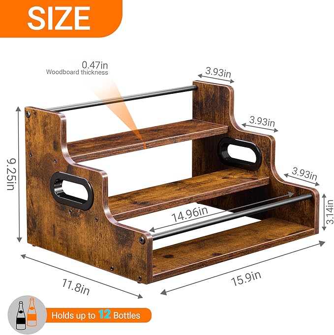 YQBRAO [Upgraded Rustic Wood Liquor Bottle Display Shelf, 3-Tier Liquor Shelf for Bar Counter, Coffee Syrup Rack Organizer with Handles & Metal Guardrail, Bar Bottle Stand for Home, Kitchen, Cafe