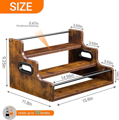 YQBRAO [Upgraded Rustic Wood Liquor Bottle Display Shelf, 3-Tier Liquor Shelf for Bar Counter, Coffee Syrup Rack Organizer with Handles & Metal Guardrail, Bar Bottle Stand for Home, Kitchen, Cafe