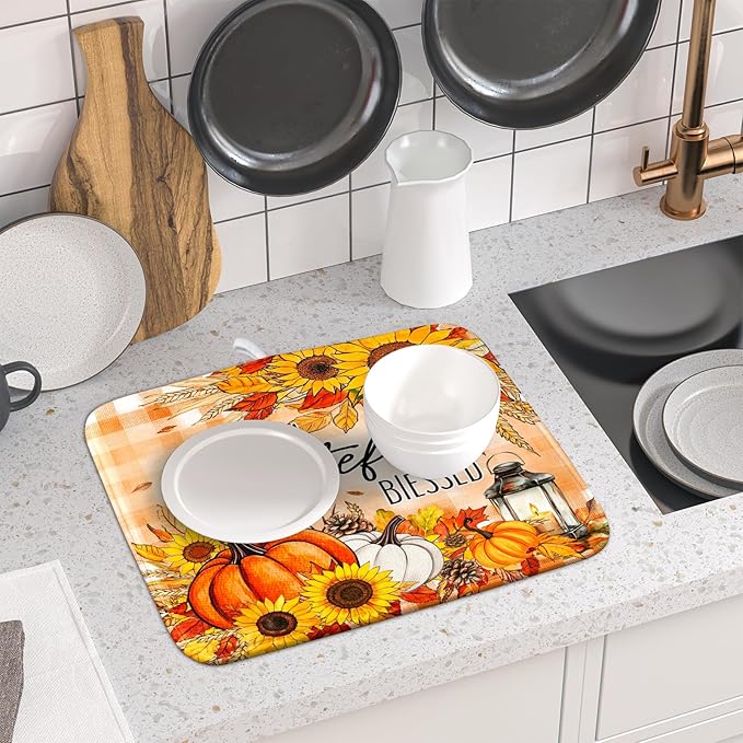 Giwawa Autumn Pumpkins Dish Drying Mat for Kitchen Countertop, Fall Sunflowers Thankful Grateful Blessed Dish Drainer Mats 16x18in, Thanksgiving Harvest Decorative Reversible Dish Drying Pad