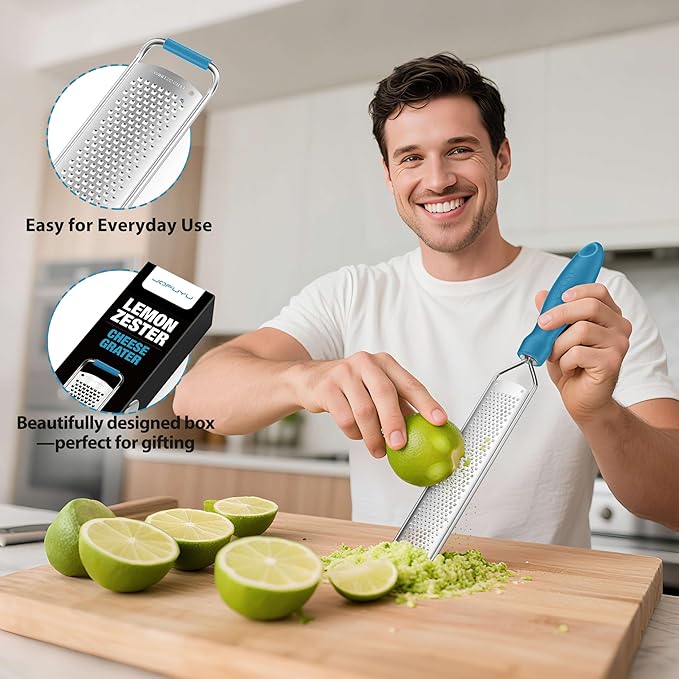 Zester Grater, Lemon Zester Grater with Handle, Premium Stainless Steel Citrus Zester for Parmesan, Garlic, Chocolate, Ginger, Non-Slip Grip, Safety Cover & Cleaning Brush, Blue