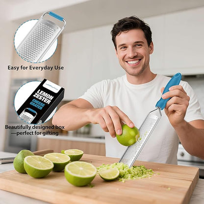 Zester Grater, Lemon Zester Grater with Handle, Premium Stainless Steel Citrus Zester for Parmesan, Garlic, Chocolate, Ginger, Non-Slip Grip, Safety Cover & Cleaning Brush, Blue