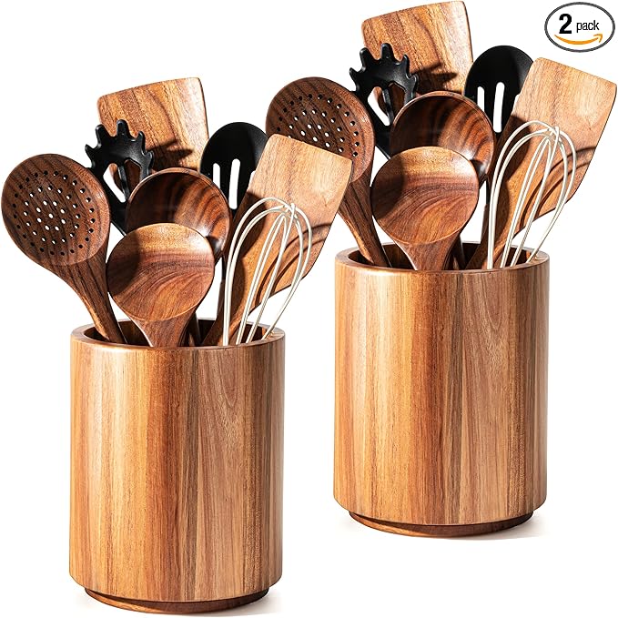 Criusia Utensil Holder 2 Pack, 360° Rotating Acacia Wood Cooking Utensil Crocks for Kitchen Counter, Farmhouse & Modern Decor, (2 Large) by Criusia