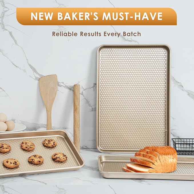 Baking Sheet Pan Set of 3, Nonstick Carbon Steel Cookie Sheets with Texture, Commercial Half/Quarter/Jelly Roll Pans Replacement Toaster Oven Tray, Heavy Duty & Easy Clean, Champagne Gold - Image 7