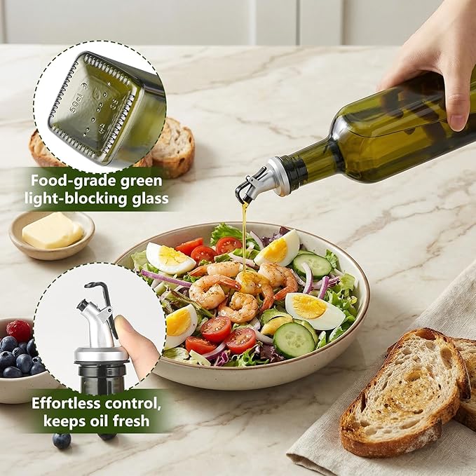 WERTIOO 4Pack Green Olive Oil Dispenser Bottle, 17 OZ Glass Oil Dispenser for Kitchen, 500ml Glass Bottles for Vinegar Oliveoil with Label and Funnel - Image 6