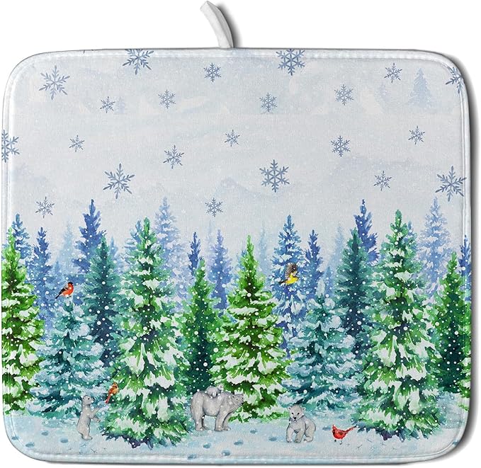 Watercolor Winter Dish Drying Pad Forest Kitchen Mat for Counter for Home Season Decor by Giwawa