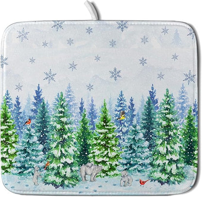 Watercolor Winter Dish Drying Pad Forest Kitchen Mat for Counter for Home Season Decor by Giwawa