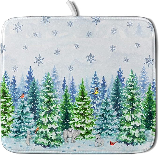 Watercolor Winter Dish Drying Pad Forest Kitchen Mat for Counter for Home Season Decor by Giwawa