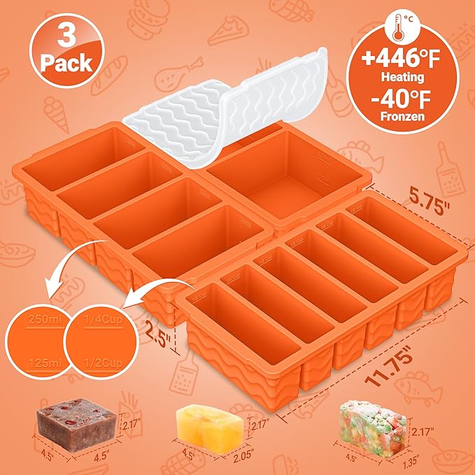 Doasuwish 3-Pack Silicone Freezer Trays with Lid,2 Large 2-Cup(500ml)&4 Medium 1-Cup(250ml)&6 Small 1/2-Cup(125ml) Soup Freezer Container Molds,Ice Cube Tray For Meal Prep&Freezing Soup,Stews,Sauces