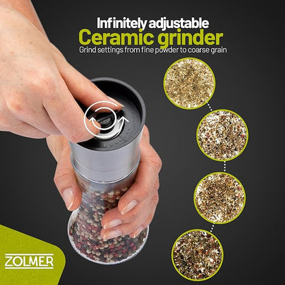 ZOLMER® Premium Stainless Steel Salt and Pepper Grinder Set manual | Adjustable Ceramic Grinder for Salt and Pepper, Chili and more - Big Silver [No Spices Included]