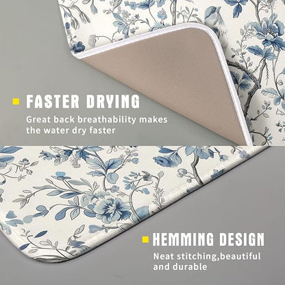 Chinoiserie Trees Dish Drying Mat for Kitchen Counter,Bule Bird Flowers Drying Mat 16 x 18 Inch with Absorbent Reversible Microfiber Drying Pad for Coffee Bar - Image 3
