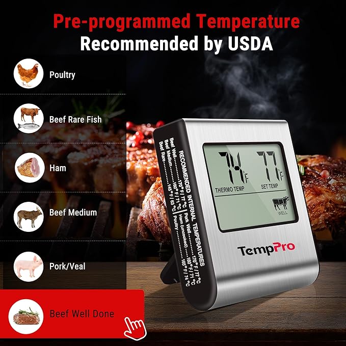 TempPro TP16 Large LCD Digital Cooking Food Meat Thermometer for Smoker Oven Kitchen BBQ Grill Thermometer Clock Timer with Stainless Steel Temperature Probe(Previously ThermoPro) - Image 5