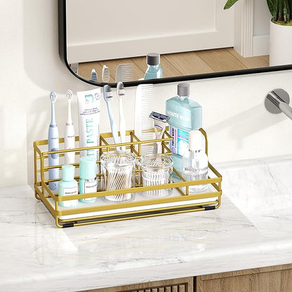 HapiRm Toothbrush Holders for Bathroom - 5 Partitions Bathroom Counter Organizer with Instant Drying Stone, Stainless Steel Countertop Storage Electric Toothbrush Toothpaste Holder - Gold