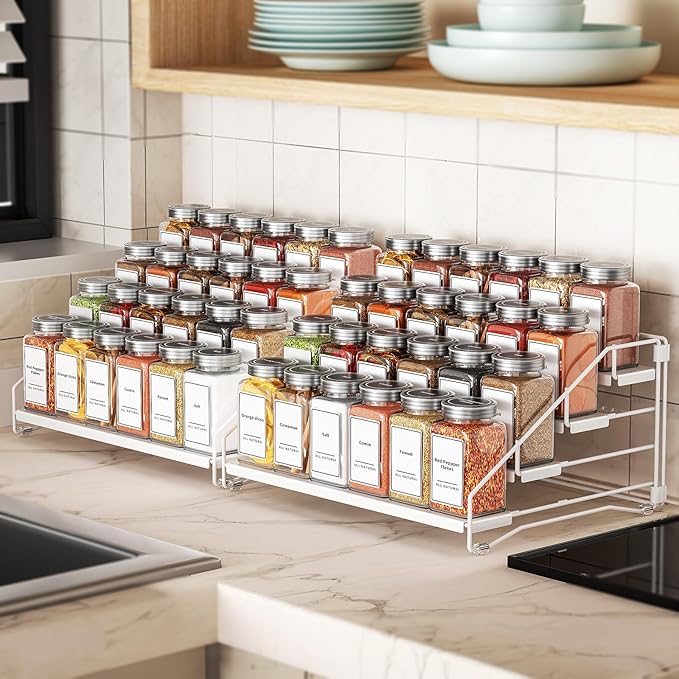 BOIVSHI Spice Organization for Cabinet, Spice Rack Organizer, Spice Rack Organizer for Cabinet, Depth Adjustable Seasoning Organzier Organizer for Cabinet, Countertop, Pantry, Metal, White (2 Pack) - Image 3