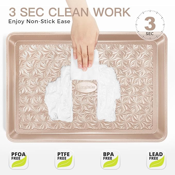 HONGBAKE Nonstick Baking Sheet Pan Set of 3, Cookie Sheets for Oven, Non-Toxic Half/Quarter/Jelly Roll Pans with Floral Swirl Texture, Heavy Duty 0.8mm Thick Oven Trays for Cooking, Champagne Gold - Image 6