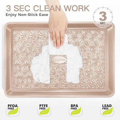 HONGBAKE Nonstick Baking Sheet Pan Set of 3, Cookie Sheets for Oven, Non-Toxic Half/Quarter/Jelly Roll Pans with Floral Swirl Texture, Heavy Duty 0.8mm Thick Oven Trays for Cooking, Champagne Gold - Image 6