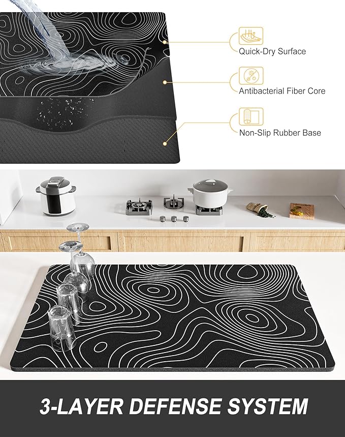 Rnivvi Dish Drying Mat for Kitchen Counter, XL 15 x 24" Cute Marble Super Absorbent Draining Pad, Non-Slip Heat Resistant Coffee Bar Mats for Coffee Machine Station Accessories, Line Art Dish Rack Pad - Image 4