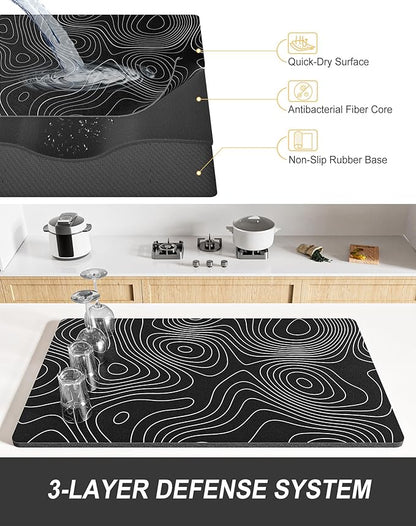 Rnivvi Dish Drying Mat for Kitchen Counter, XL 15 x 24" Cute Marble Super Absorbent Draining Pad, Non-Slip Heat Resistant Coffee Bar Mats for Coffee Machine Station Accessories, Line Art Dish Rack Pad - Image 4