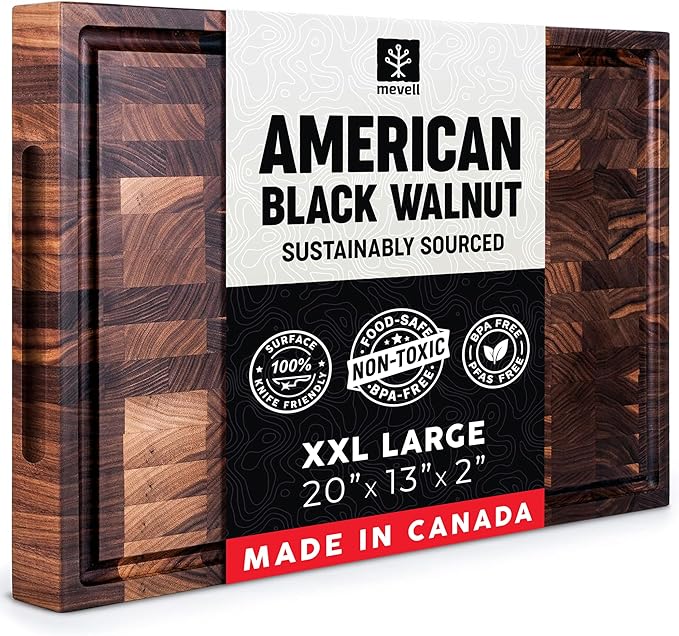 Mevell Walnut End Grain Cutting Board for Kitchen, Reversible Extra Large Wooden Butcher Block With Juice Grooves, Made in Canada (Walnut, 20x13x2) by Mevell