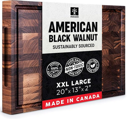 Mevell Walnut End Grain Cutting Board for Kitchen, Reversible Extra Large Wooden Butcher Block With Juice Grooves, Made in Canada (Walnut, 20x13x2) by Mevell