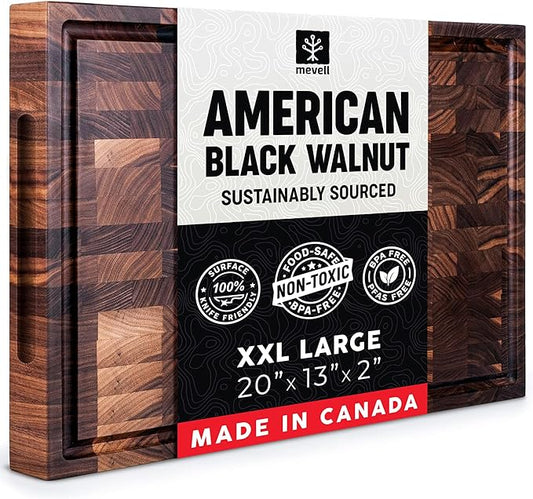 Mevell Walnut End Grain Cutting Board for Kitchen, Reversible Extra Large Wooden Butcher Block With Juice Grooves, Made in Canada (Walnut, 20x13x2) by Mevell