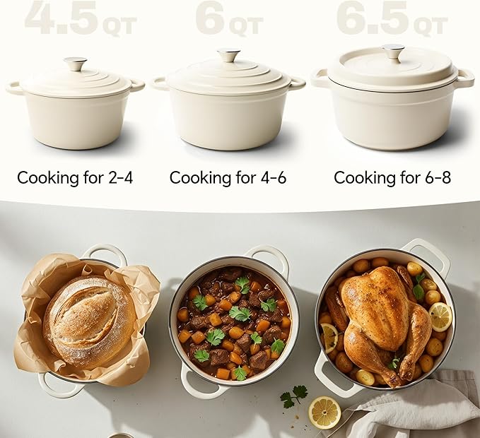 4.5 Quart Dutch Oven Pot with Lid, Non Stick Enameled Cast Iron Dutch Oven for Bread Baking, Heavy-Duty, Oven Safe Ceramic Cookware Up to 500°F for Baking, Braising, Stews, Roasting, Beige - Image 3