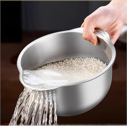 Rice Washer Strainer Bowl, Stainless Steel Washing Bowl for Rinsing Quinoa, Side Drainers Colander for Cleaning Fruits, Vegetables, and Beans - Versatile Kitchen Gadgets