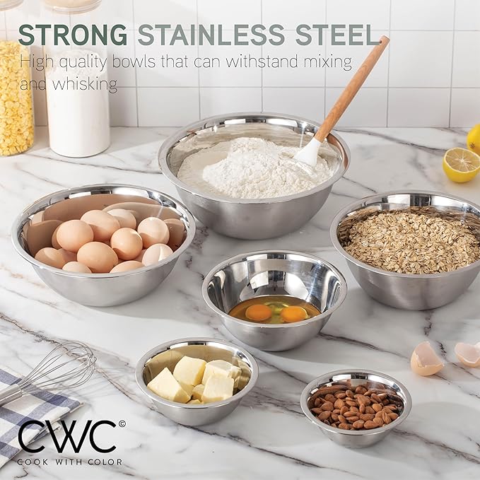 COOK WITH COLOR Stainless Steel Mixing Bowls Set - Nesting Bowls, 6 Pieces, Silver with Non Slip Bottom - Image 4