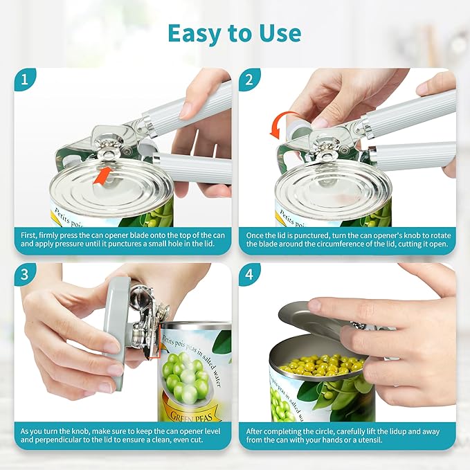 Ultrean Manual Can Opener Bottle Opener, Heavy Duty Stainless Steel Smooth Edge Manual Hand Held Can Opener With Soft Touch Handle, Rust Proof Oversized Handheld Easy Turn Knob (Mint Green) - Image 4
