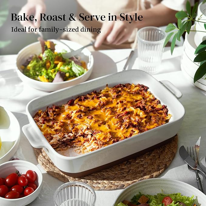 DOWAN Ceramic Casserole Dish for Oven, 9x13 Deep Lasagna Pan, Large Baking Dish with Handles, 4.3 Quarts Durable and Oven Safe Pan, for Roasting and Baking, Alabaster White - Image 3