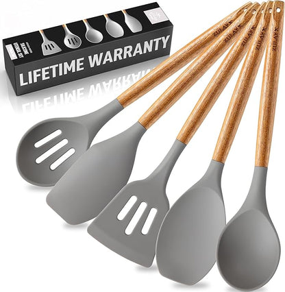 Zulay Kitchen Utensils Set Non-Stick Silicone Cooking Utensils Set with Authentic Acacia Wood Handles - 5 Piece Silicone Utensil Set - Kitchen Utensils Set with 464°F Heat Resistance - Gray by ZulayKitchen