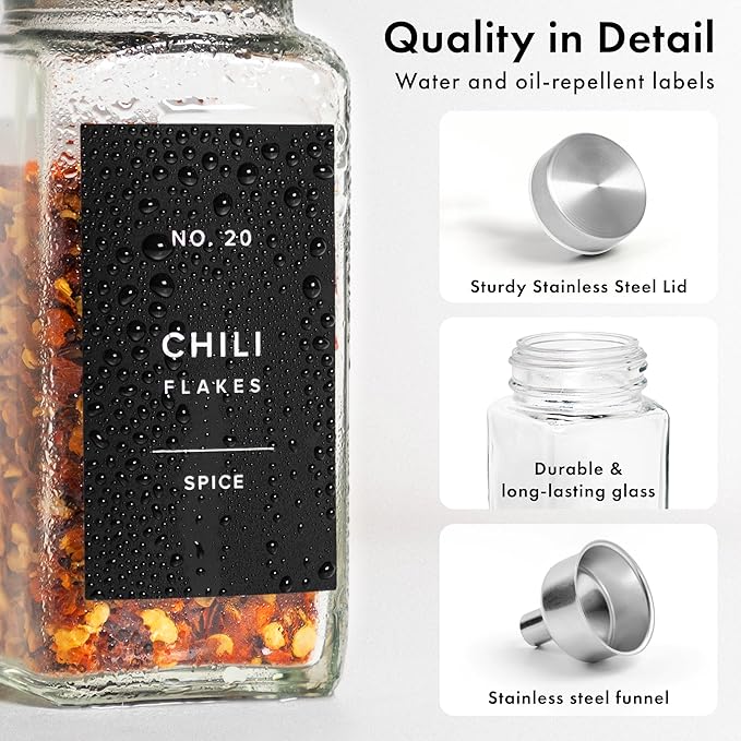 EDELHAUS Glass Spice Jars with Labels and Steel Lids (24 x 4oz) Spice Containers with 240 Label, Steel Funnel, Shaker Inserts, Empty Square Seasoning Organizer for Spice Rack, Cabinet, Drawer - Image 9
