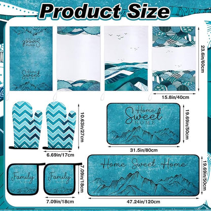 Fourluoo 10 Pcs Landscape Kitchen Dish Towels Rugs Oven Mitts and Pot Holders Set Farmhouse Kitchen Decor Set for Women Mom Daughter Gift Cooking Baking Grilling (Ocean Green)