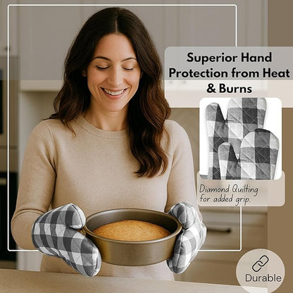 Native Fab Buffalo Plaid Check Oven Mitts and Pot Holders Set of 4, 100% Cotton Heat Resistant Kitchen Gloves, 2 Oven Mitts (7x13), 2 Pot Holders (8x8) for Cooking & Baking, Steel Grey White - Image 4