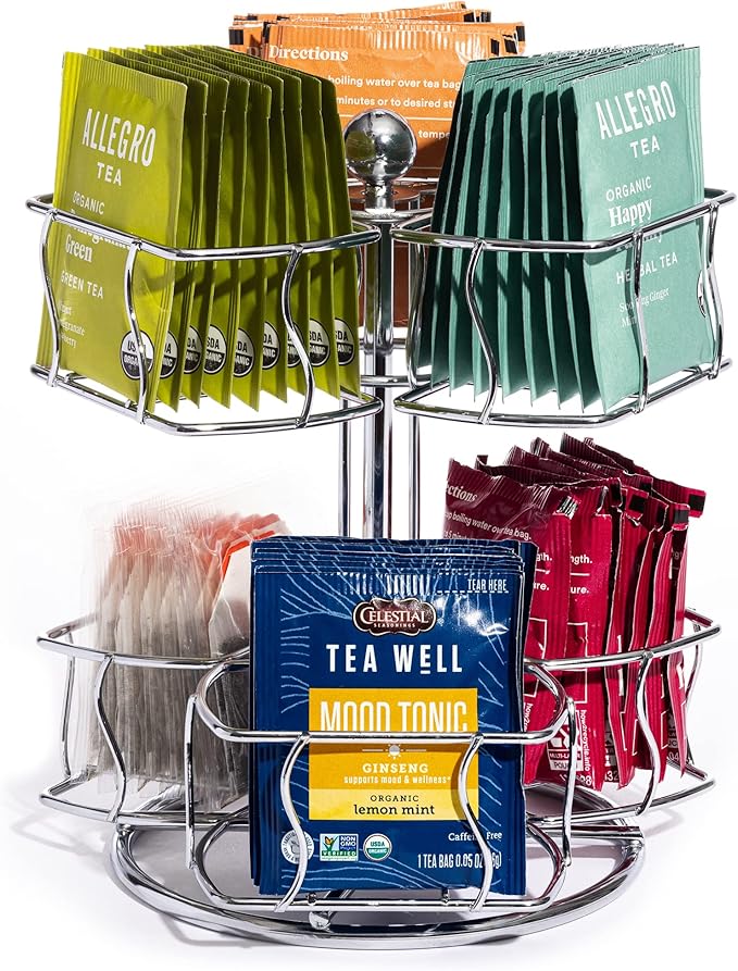 Sorbus Tea Bag Spinning Carousel - Tea Caddy Organizer for Countertop - Matcha Station Accessories - 2 Tier Revolving Storage for Pantry - Holds Up to 60 Large Tea Bags by Sorbus