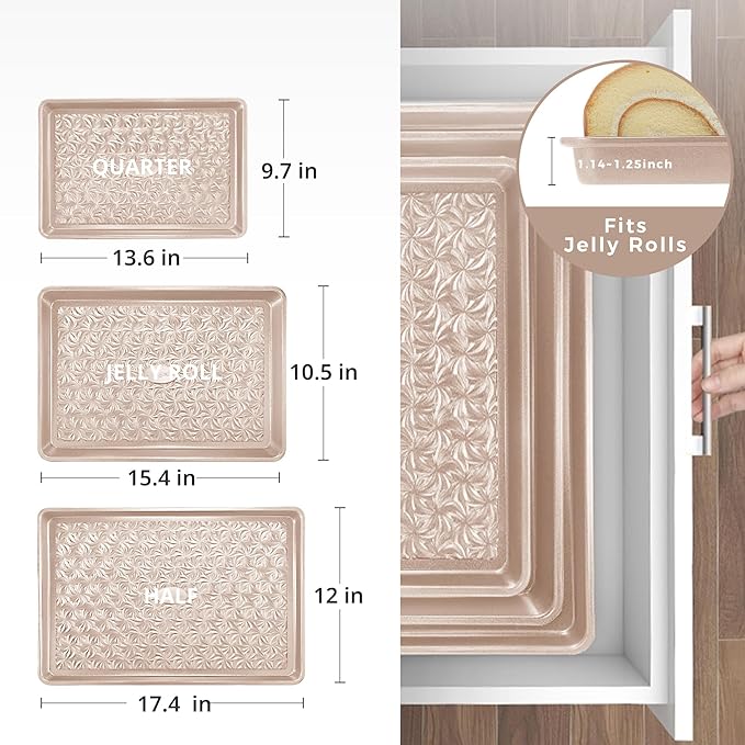 HONGBAKE Nonstick Baking Sheet Pan Set of 3, Cookie Sheets for Oven, Non-Toxic Half/Quarter/Jelly Roll Pans with Floral Swirl Texture, Heavy Duty 0.8mm Thick Oven Trays for Cooking, Champagne Gold - Image 8