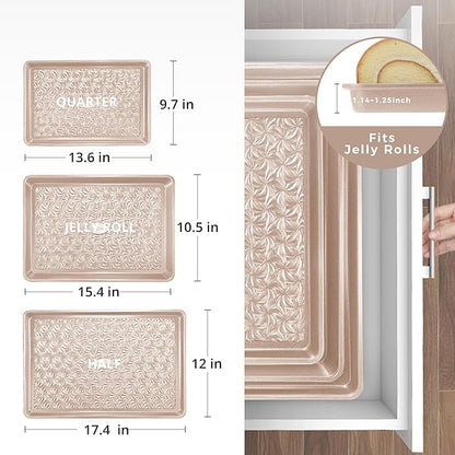 HONGBAKE Nonstick Baking Sheet Pan Set of 3, Cookie Sheets for Oven, Non-Toxic Half/Quarter/Jelly Roll Pans with Floral Swirl Texture, Heavy Duty 0.8mm Thick Oven Trays for Cooking, Champagne Gold - Image 8