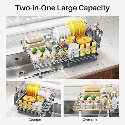SNTD Dish Drying Rack - Extendable Dish Rack, Large Sink Drying Dish Drainer for Kitchen Counter, Stainless Steel Dish Strainer with Utensil Holder (Silver) - Image 2