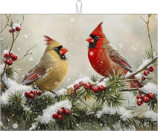 Winter Cardinal Bird Dish Drying Mat for Kitchen Counter Snow Drying Pad Absorbent Reversible Dish Drainer Rack Mats Draining Pad 18"x24"Inch by MOUNTANLLY