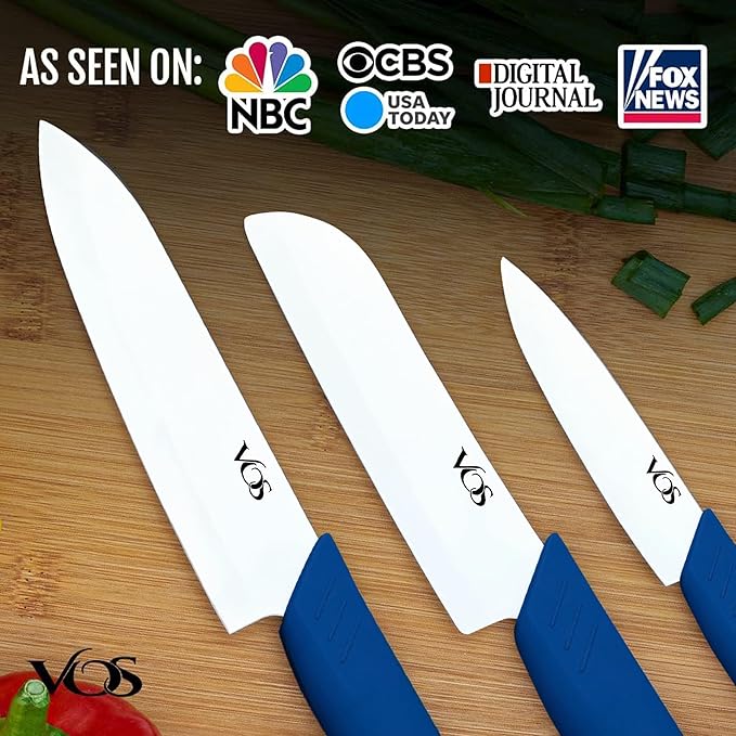 Vos Ceramic Knife Set in Elegant Gift Box, Ceramic Knives Set For Kitchen, Ultra Sharp Kitchen Knife Set with Covers, 4" 5" 6" Paring, Santoku & Chef Knife, Lightweight, Dishwasher safe (Blue Handle)